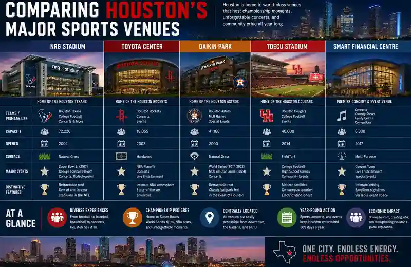 Comparison of Houston’s major sports venues including NRG Stadium, Toyota Center, Daikin Park, TDECU Stadium, and Smart Financial Centre with venue exteriors, seating capacities, sports teams, and event information displayed alongside the Houston skyline.